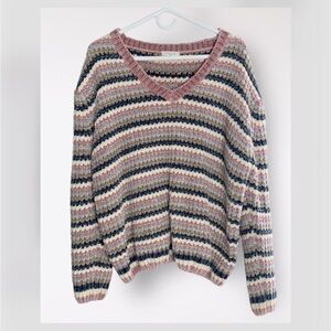 Lida Kate Pink Multicolor Striped Super Soft Plush V-Neck Herringbone Sweater L
